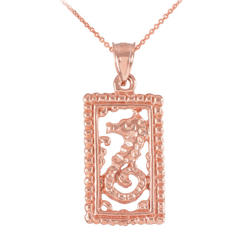 Rose Gold Rectangular Beaded Frame Seahorse Pendant Necklace