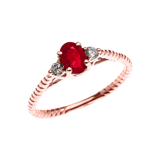 Dainty Rose Gold Ruby Solitaire Rope Design Engagement/Promise Ring