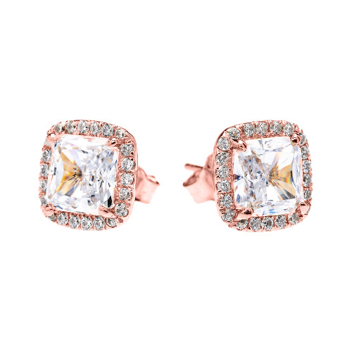 Rose Gold Elegant Diamond Halo Solitaire Princess Cut Cubic Zirconia Stud Earrings