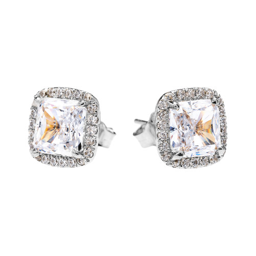 White Gold Elegant Diamond Halo Solitaire Princess Cut Cubic Zirconia Stud Earrings