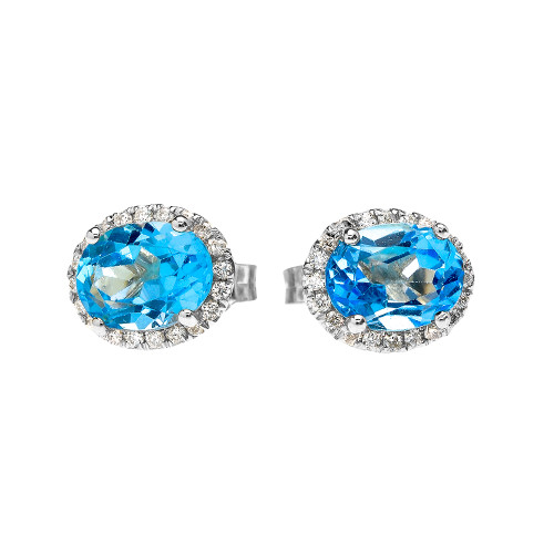 White Gold Elegant Diamond Oval Halo Solitaire Blue Topaz Stud Earrings