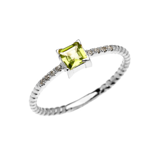 Dainty White Gold Solitaire Princess Cut Peridot and Diamond Rope Design Engagement/Promise Ring