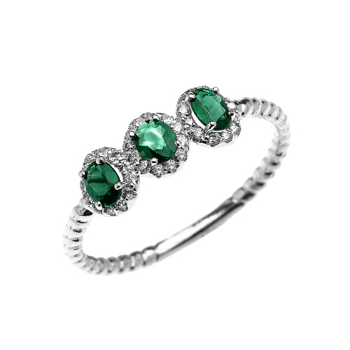 White Gold Dainty Three Stone Emerald Rope Diamond Promise Ring