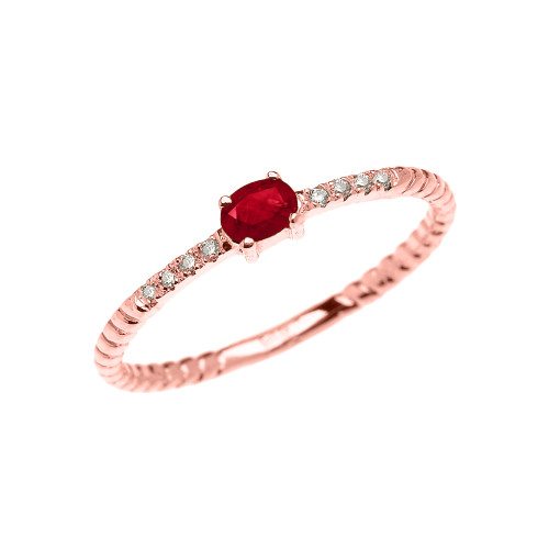 Rose Gold Dainty Solitaire Ruby and Diamond Rope Design Promise Ring