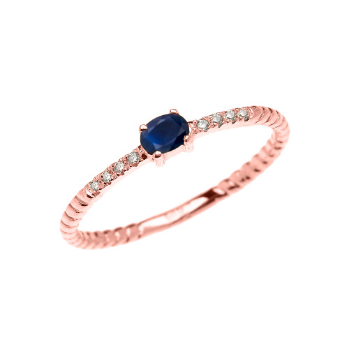 Rose Gold Dainty Solitaire Sapphire and Diamond Rope Design Promise Ring