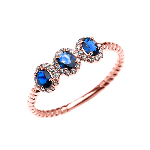 Dainty Rose Gold Three Stone Oval Sapphire and Halo Diamond Rope Design Engagement/Promise Ring