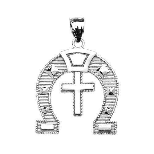 White Gold Religious Cross Horse Shoe Good luck Pedant Necklace