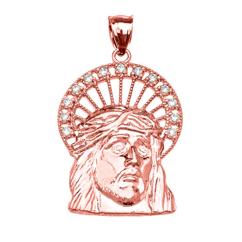 Rose Gold Diamond Halo Jesus Face Pendant Necklace