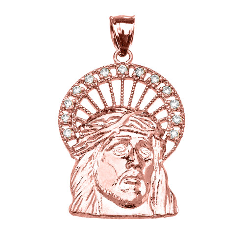 Rose Gold Cubic Zirconia Halo Jesus Face Pendant Necklace