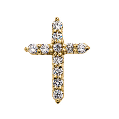 Elegant Yellow Gold 1 Carat Round Cubic Zirconia Extra Small Cross Pendant Necklace