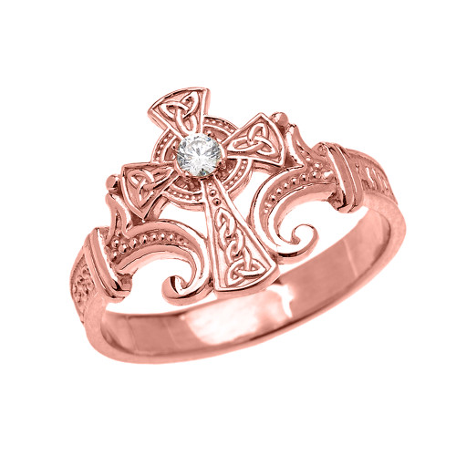 Rose Gold Solitaire Cubic zirconia Celtic Cross with Encrypted Prayer Blessings Elegant Ring