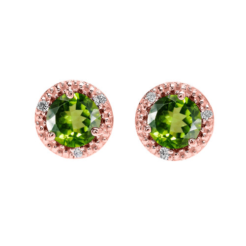 Halo Stud Earrings in Rose Gold with Solitaire Peridot and Diamonds