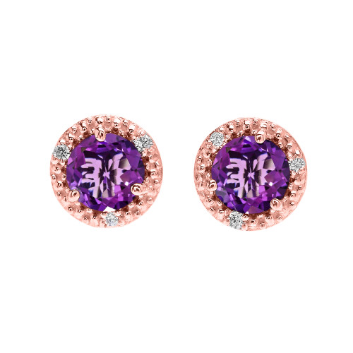Halo Stud Earrings in Rose Gold with Solitaire Amethyst and Diamonds