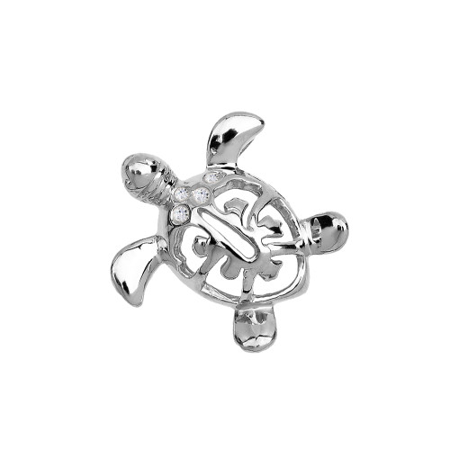 White Gold Diamond Hawaiian Lucky Charm Honu Turtle Hidden Bail Pendant Necklace