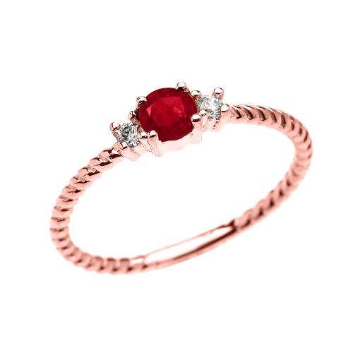 Rose Gold Dainty Solitaire Ruby and White Topaz Rope Design Promise/Stackable Ring