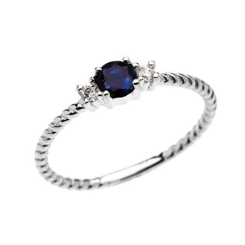 White Gold Dainty Solitaire Sapphire and White Topaz Rope Design Promise/Stackable Ring