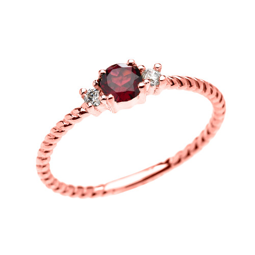 Rose Gold Dainty Solitaire Garnet and White Topaz Rope Design Promise/Stackable Ring