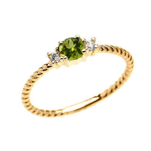 Yellow Gold Dainty Solitaire Peridot and White Topaz Rope Design Promise/Stackable Ring