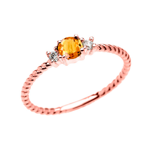 Rose Gold Dainty Solitaire Citrine and White Topaz Rope Design Promise/Stackable Ring