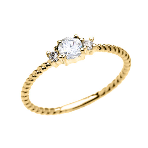 Yellow Gold Dainty Solitaire White Topaz Rope Design Promise/Stackable Ring