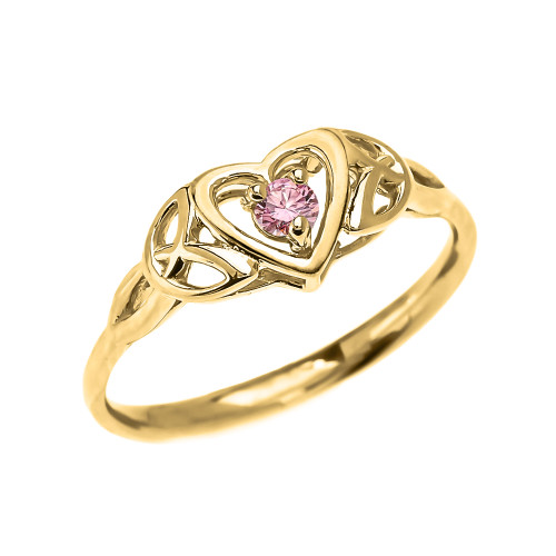 Trinity Knot Heart Solitaire Pink CZ (Cubic zirconia) Yellow Gold Proposal Ring