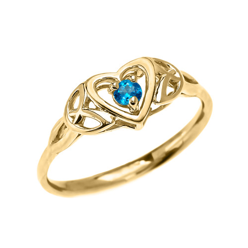 Trinity Knot Heart Solitaire Blue Topaz Yellow Gold Proposal Ring