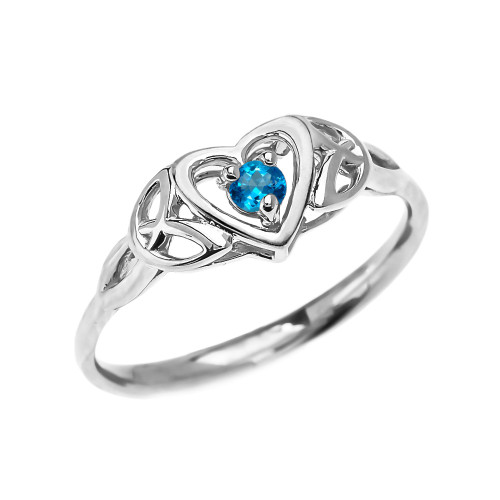 Trinity Knot Heart Solitaire Blue Topaz White Gold Proposal Ring