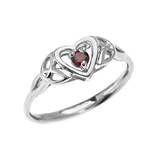 Trinity Knot Heart Solitaire Garnet White Gold Proposal Ring