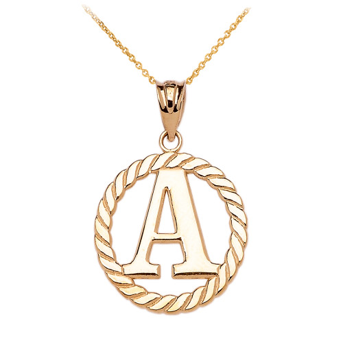 Yellow Gold "A" Initial in Rope Circle Pendant Necklace