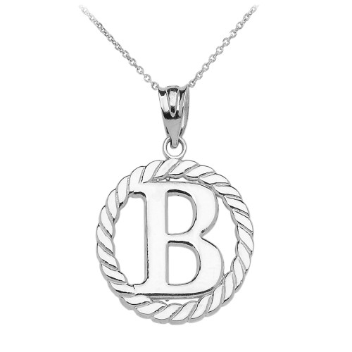 White Gold "B" Initial in Rope Circle Pendant Necklace
