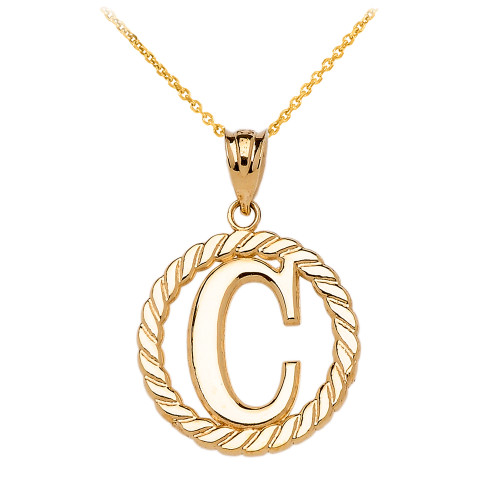Yellow Gold "C" Initial in Rope Circle Pendant Necklace