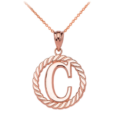 Rose Gold "C" Initial in Rope Circle Pendant Necklace