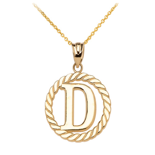 Yellow Gold "D" Initial in Rope Circle Pendant Necklace