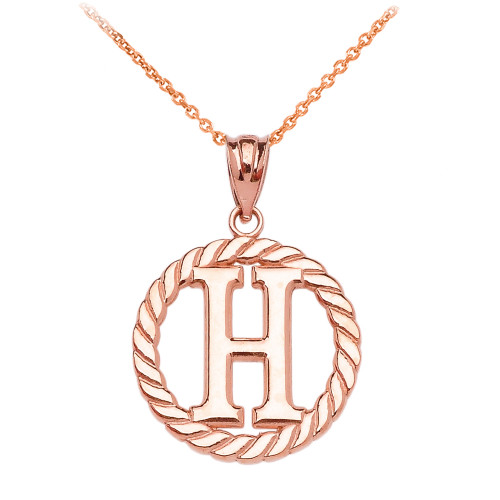Rose Gold "H" Initial in Rope Circle Pendant Necklace