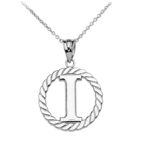 White Gold "I" Initial in Rope Circle Pendant Necklace