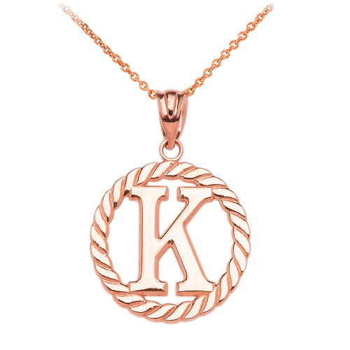 Rose Gold "K" Initial in Rope Circle Pendant Necklace