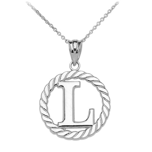 White Gold "L" Initial in Rope Circle Pendant Necklace