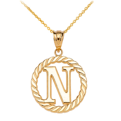 Yellow Gold "N" Initial in Rope Circle Pendant Necklace