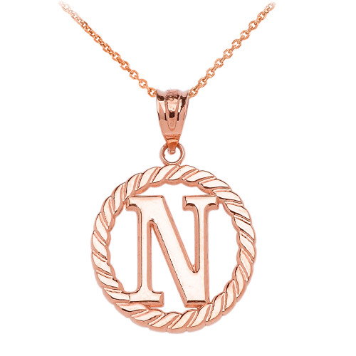 Rose Gold "N" Initial in Rope Circle Pendant Necklace