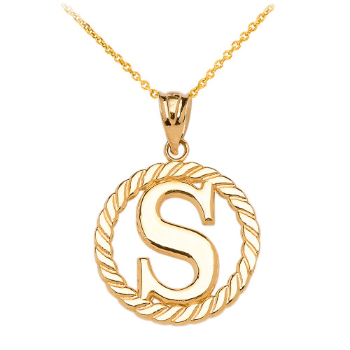 Yellow Gold "S" Initial in Rope Circle Pendant Necklace