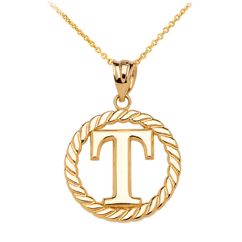 Yellow Gold "T" Initial in Rope Circle Pendant Necklace