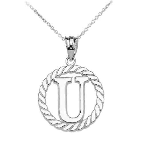 White Gold "U" Initial in Rope Circle Pendant Necklace