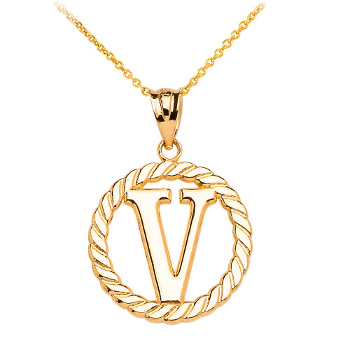 Yellow Gold "V" Initial in Rope Circle Pendant Necklace