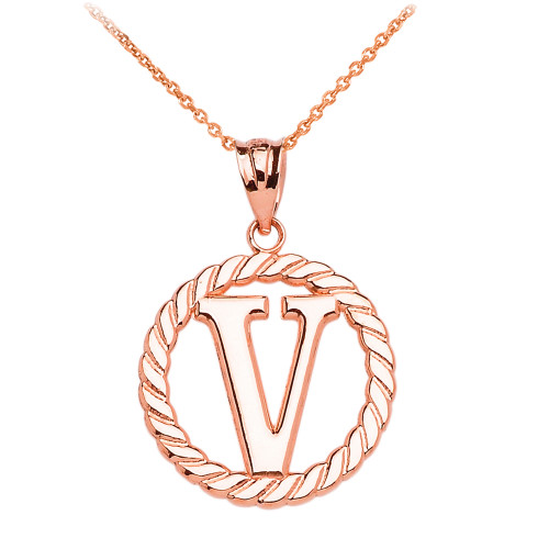 Rose Gold "V" Initial in Rope Circle Pendant Necklace
