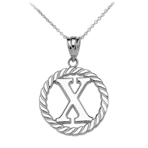 White Gold "X" Initial in Rope Circle Pendant Necklace