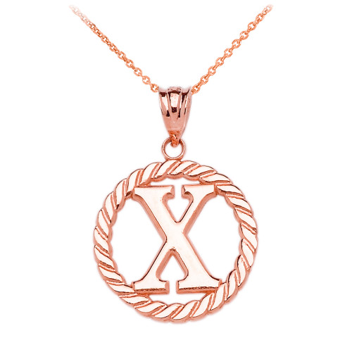 Rose Gold "X" Initial in Rope Circle Pendant Necklace