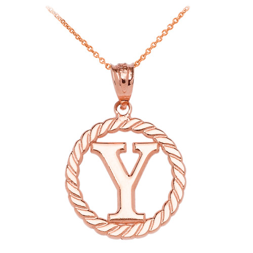 Rose Gold "Y" Initial in Rope Circle Pendant Necklace