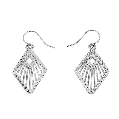 Sterling Silver Detailed Rhombus Filigree Diamond Cut Dangling Earrings