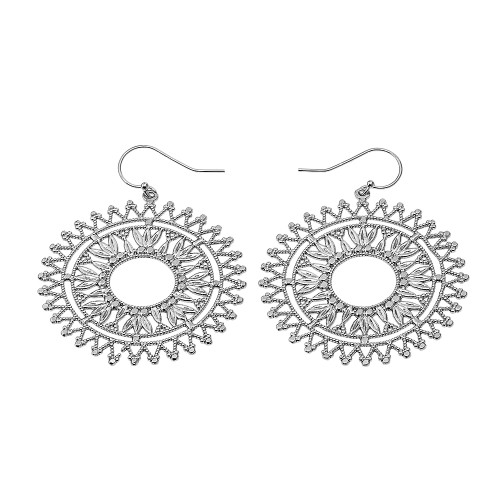 Sterling Silver Detailed Bohemian Circle Filigree Diamond Cut Dangling Earrings