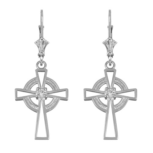 14k White Gold Irish Celtic Cross Earrings